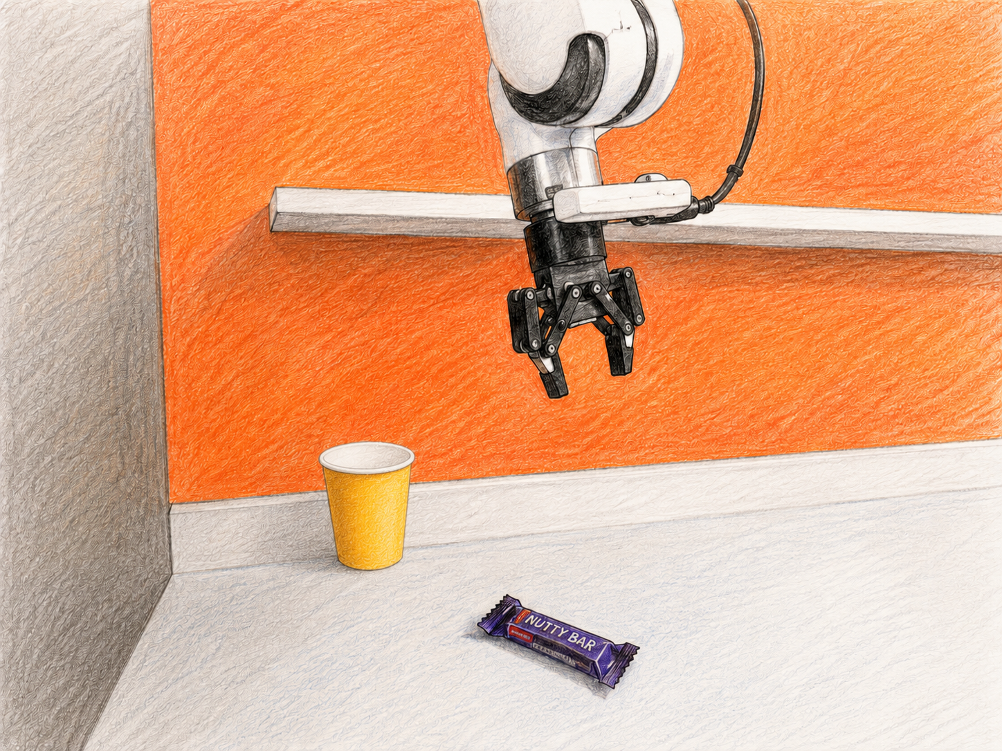 DROID exterior camera 1: a Franka arm and black gripper above a table with an orange back panel; a Nutty Bar candy sits on the tabletop below.