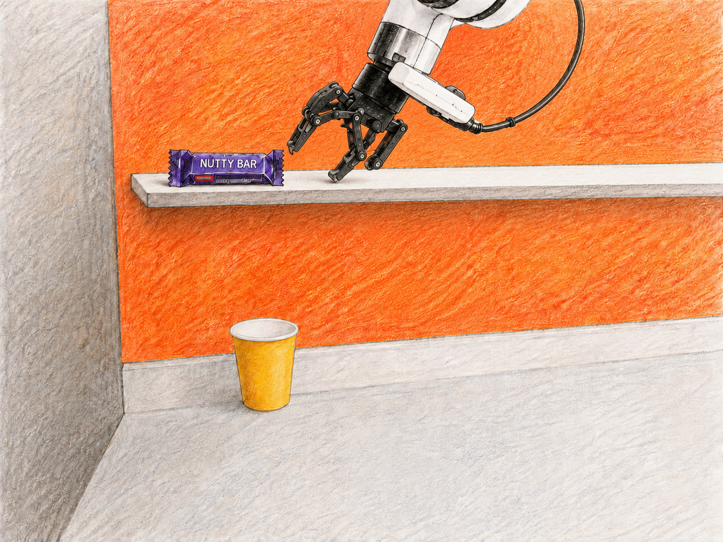 The DROID Franka arm's black gripper holding the Nutty Bar candy it has picked up, with the yellow cup still on the table against the orange back panel.