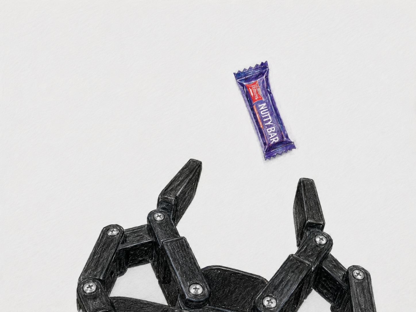 DROID wrist camera: a close-up from the gripper's viewpoint, the open black fingers below the candy bar.