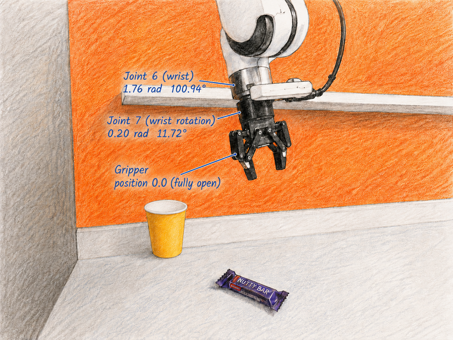 The DROID scene annotated with three values from the state vector: joint 6 (wrist) at 1.76 rad / 100.94°, joint 7 (wrist rotation) at 0.20 rad / 11.72°, and the gripper at 0.0, fully open. A yellow cup and a candy bar sit on the table below the arm.